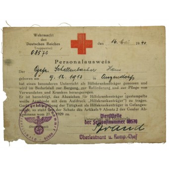 Wehrmacht Paramedic certificate issued to the Gefreiter Schellenbacher Hans. Espenlaub militaria